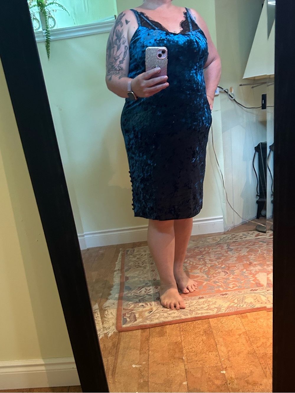 Michel Studio Teal Velvet Lace-Trim Midi Dress